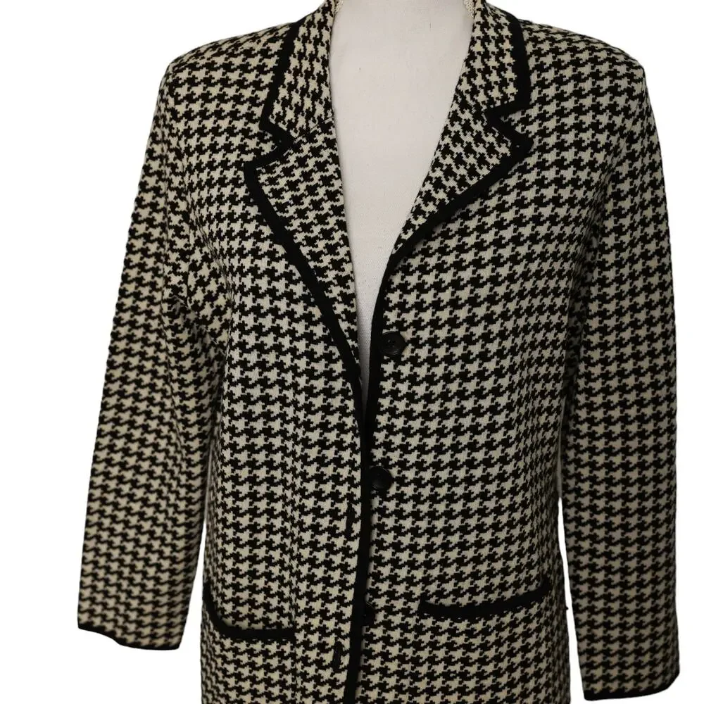 Kate Hill Italian Merino Wool black ivory cream Houndstooth‎ stretchy blazer med